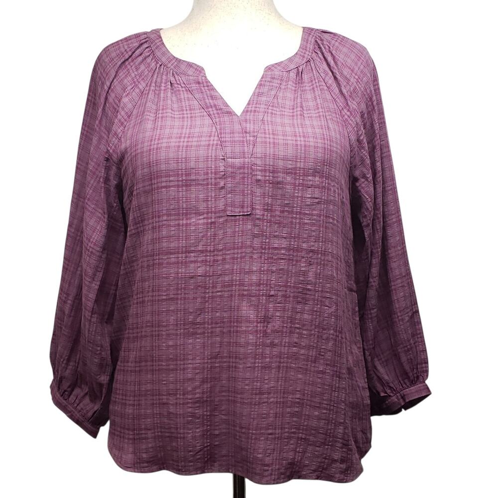 Christopher Banks Purple Check Peasant Sleeve Blouse Size PL Cottagecore Casual